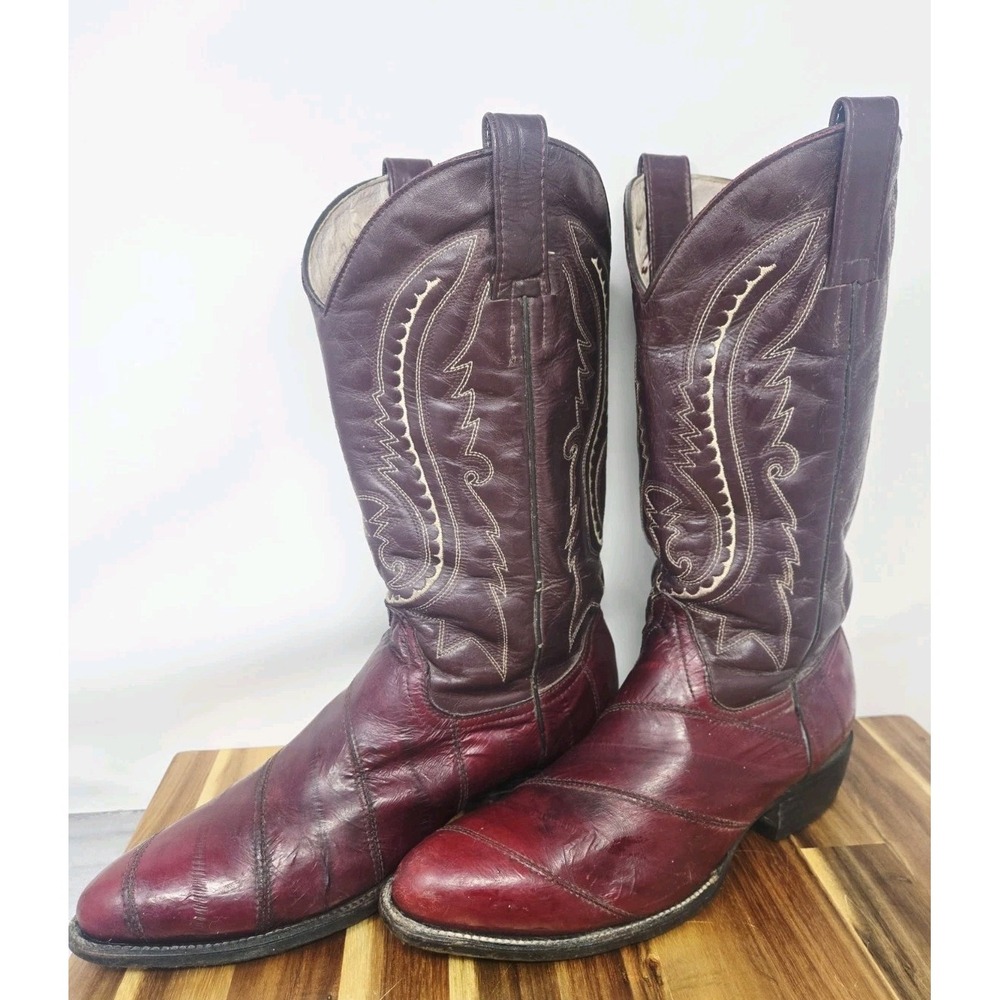 Villano Burgundy Blood Red Eel Skin Western Cowboy Boots Mens Size 7.5 VINTAGE - Picture 5 of 12